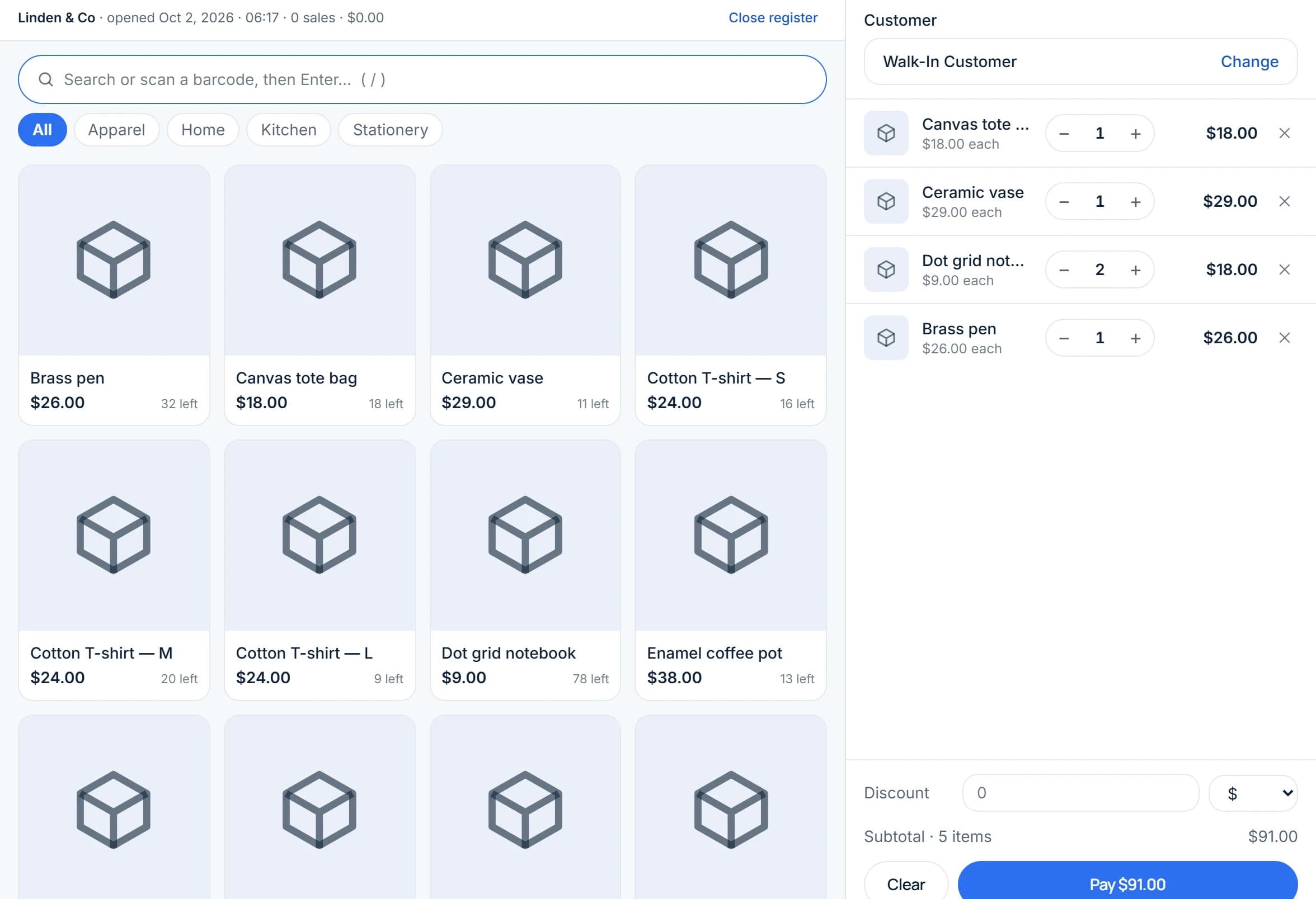 The Storelly point of sale for a demo shop: product search with barcode scanning, a product grid and a cart with a Pay button