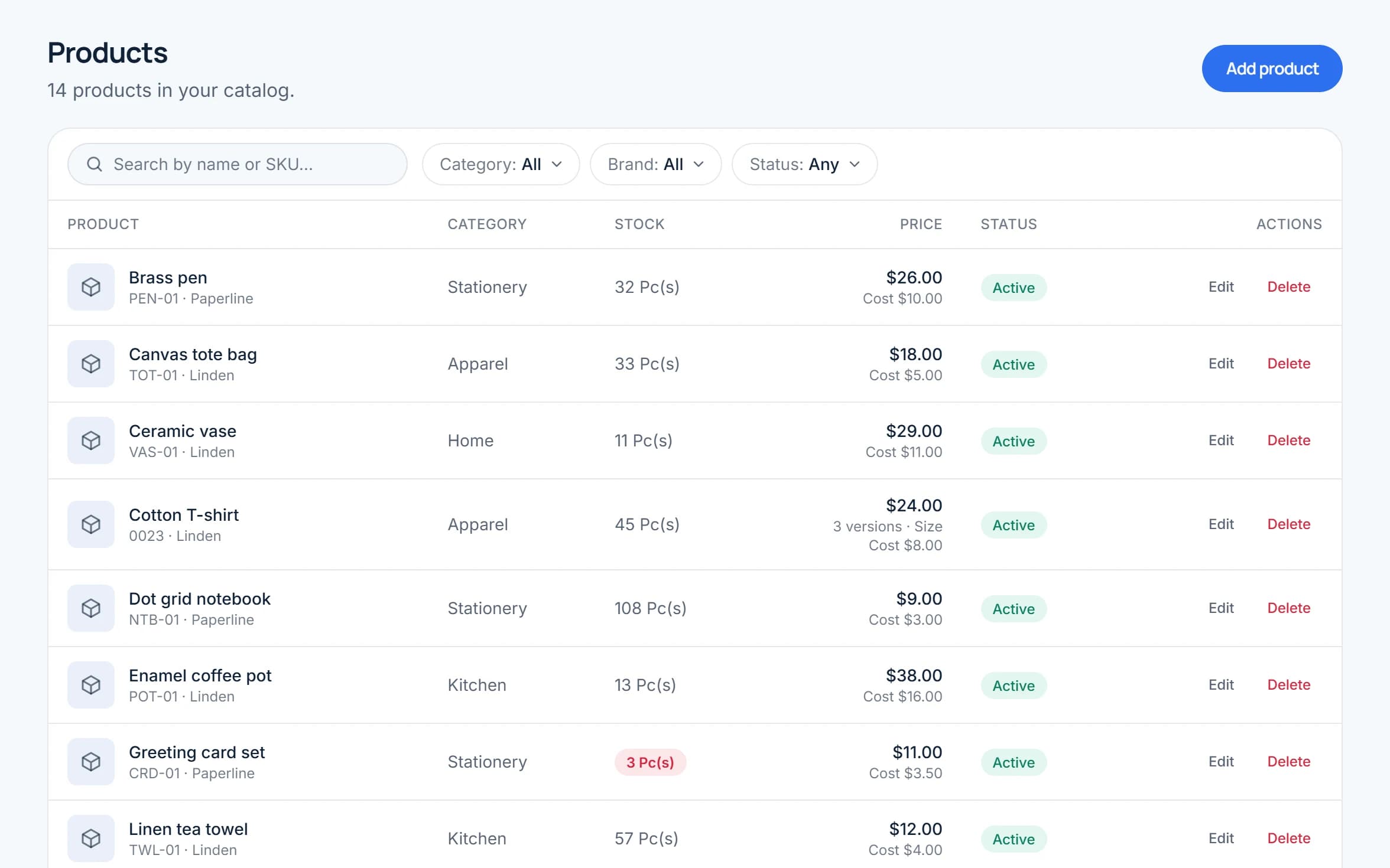 The product list in Storelly for a demo shop, with names, SKUs, categories, prices and stock
